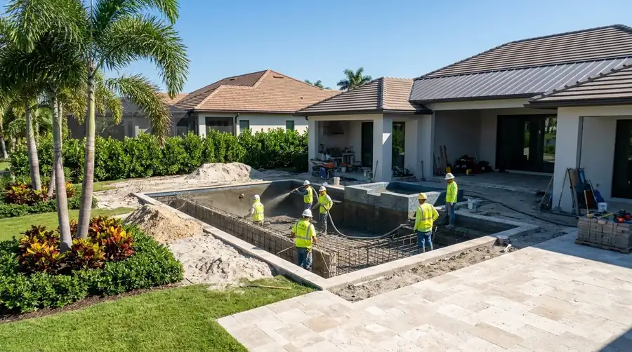 Gunite pool shell being sprayed at a Naples, FL home