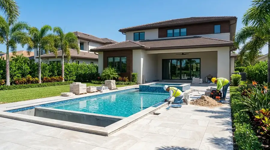 Pool remodel in progress with new waterline tile in Naples, Florida