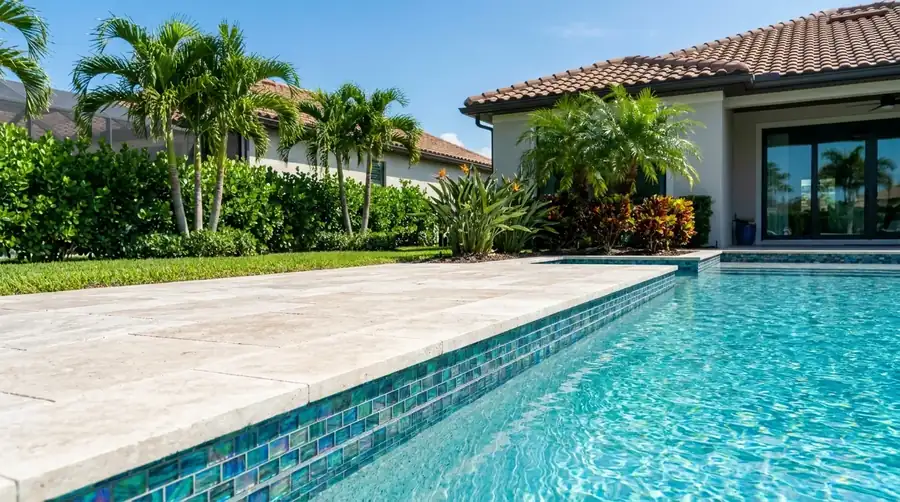 New waterline glass tile and travertine coping in Naples, Florida