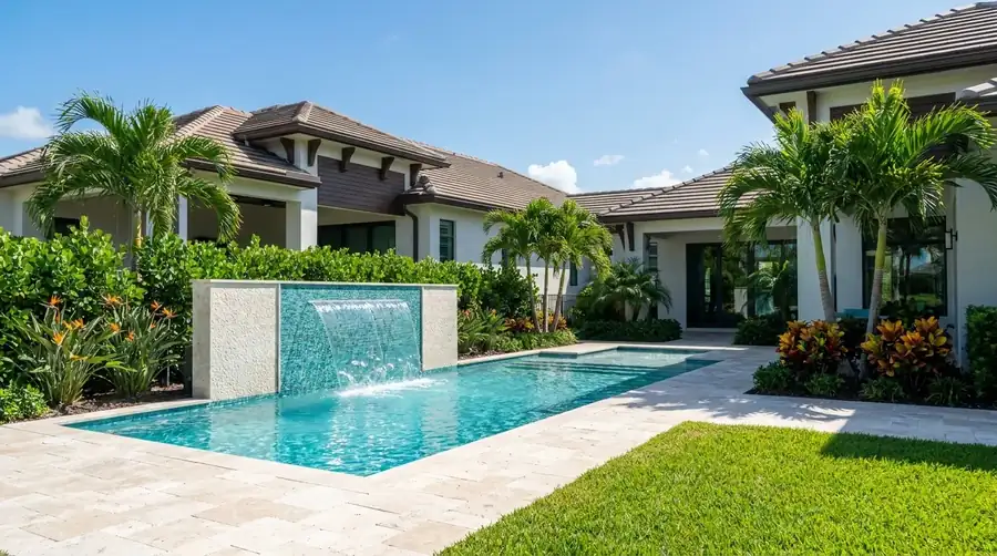Sheer-descent waterfall water feature on a Naples, FL pool